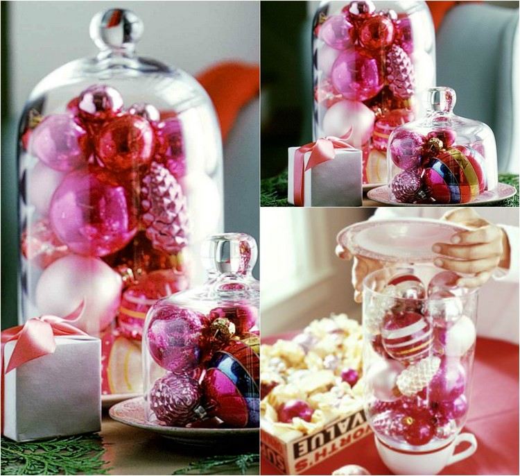 cloche-verre-décorer-Noël-boules-rose-rouge-blanc-tasse-thé