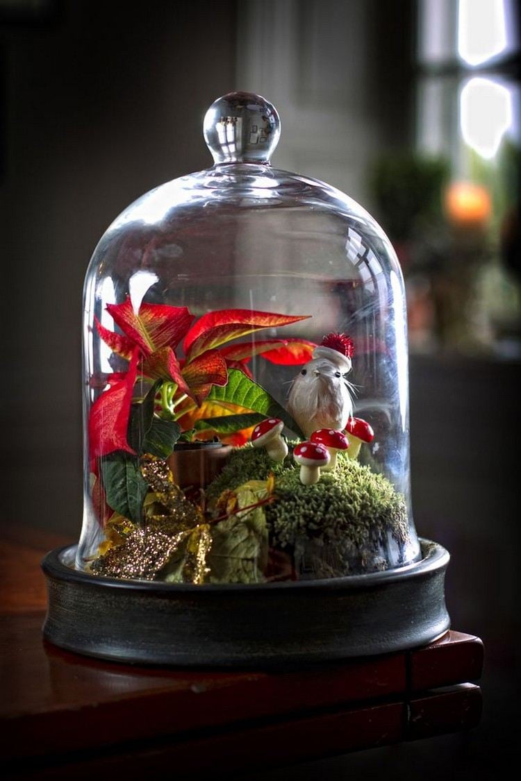 cloche en verre décorer-Noël-paysage-forestier-plantes-figurines