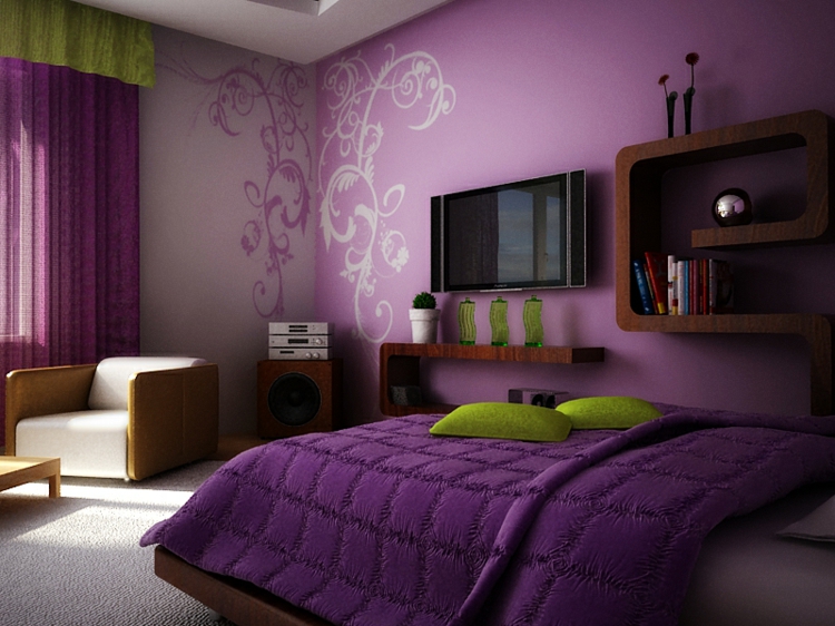 couleur-chambre-mauve-violet-accents-verts-meuble-bois
