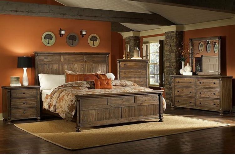 couleur-chambre-murs-orange-foncé-meubles-bois-massif