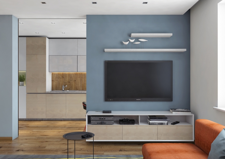 couleur gris taupe salon-moderne-peinture-murale-bleu-table-basse-design