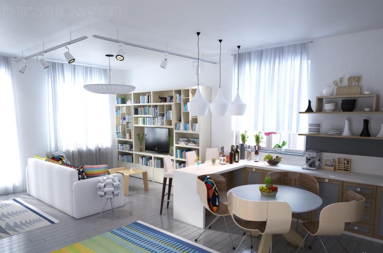 design-scandinave-canapé-blanc-table-manger-bois-marron-chaises-design-parquet-massif