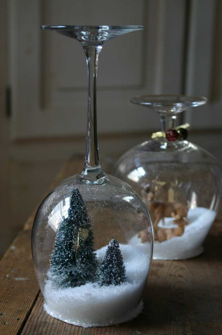 déco Noël fait maison -verre-vin-boule-neige-neige-artificielle-mini-sapin