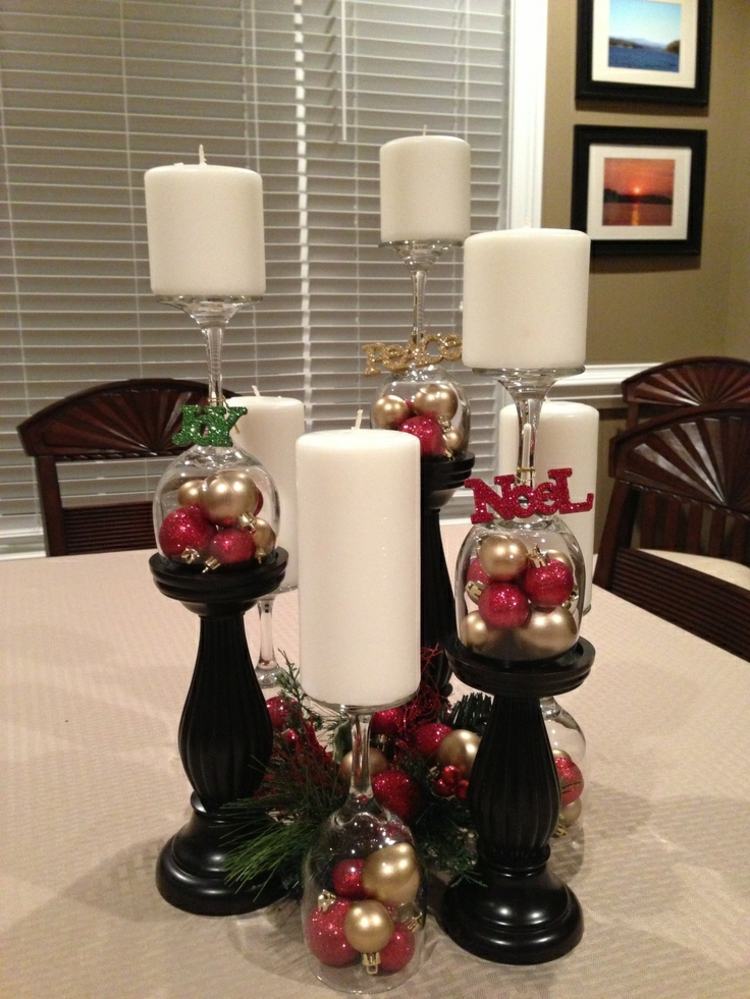 déco Noël fait maison -verre-vin-boules-noel-rouge-or-bougies-cylindriques