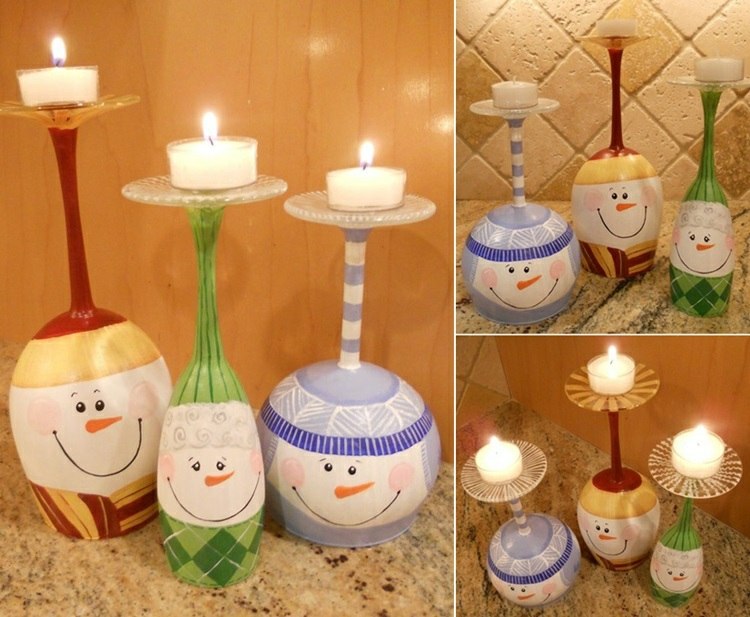 déco Noël fait maison -verre-vin-dessins-bonshommes-neige-bougies-chauffe-plat