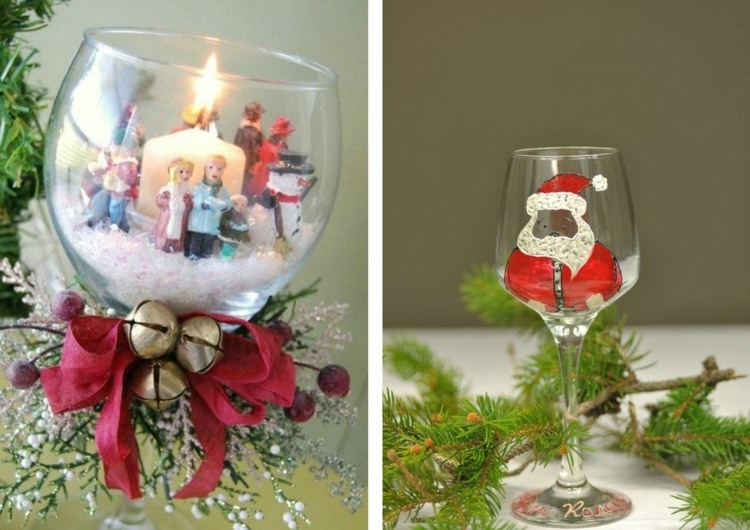 déco Noël fait maison -verre-vin-grelots-bougie-led-figurines