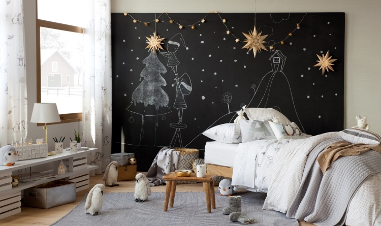 décoration chambre d’enfant -literie-blanc-gris-tableau-noir-flocons-neige-3d-bois-peluches-pingouins
