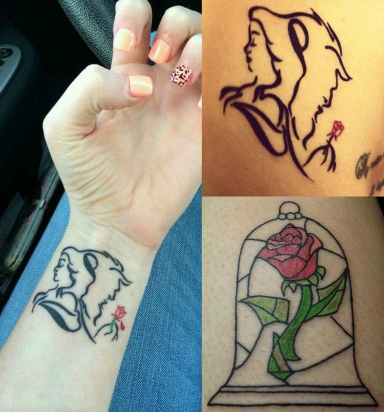 idées tatouages -disney-belle-bete-silhouettes-rose-rouge