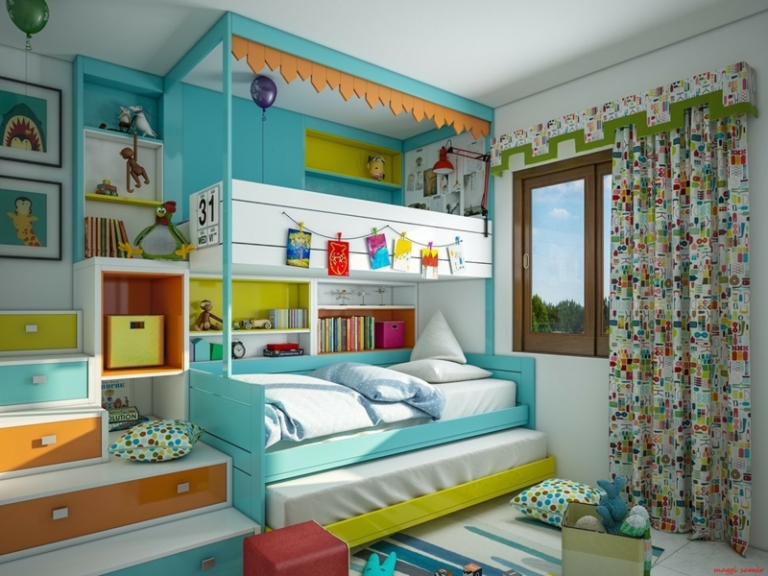 lit-cabane-enfant-bois-massif-bleu-céleste-décor-multicolore