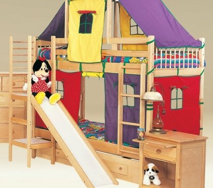 lit cabane enfant bois-massif-toboggan-tissu-multicolroe