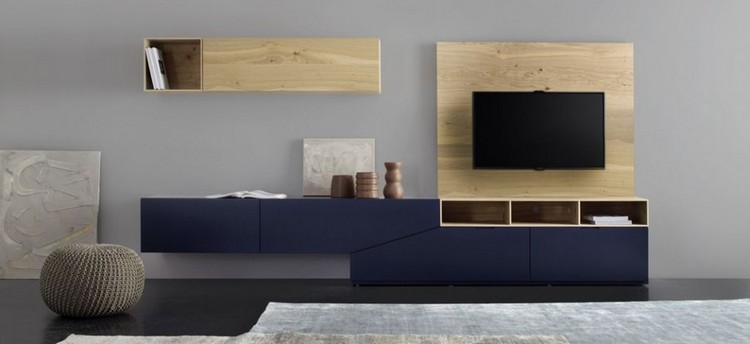 meuble de salon moderne -bleu-fonce-bois-clair-pose-murale-Cut-X 673