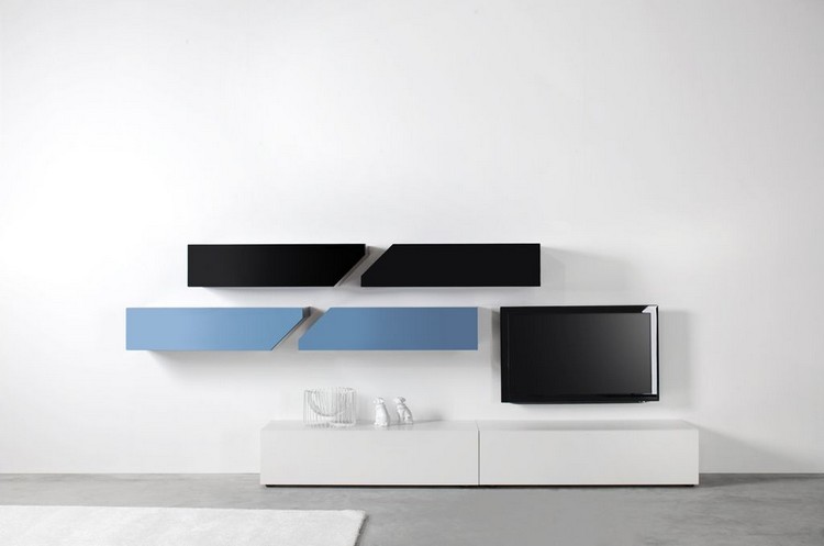 meuble de salon moderne -meuble-tv-bas-blanc-modules-muraux-bleu-clair-noir