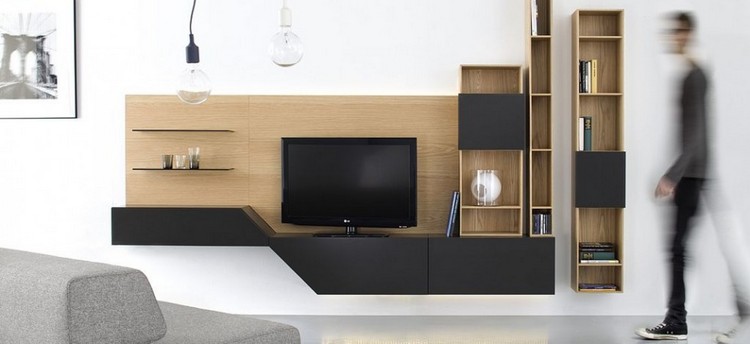 meuble de salon moderne -meuble-tv-noir-bois-clair-colonnes-etageres-Cut-X 692