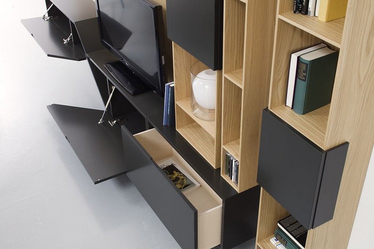 meuble de salon moderne -meuble-tv-tiroirs-modules-ouverts-armoires-noir-bois
