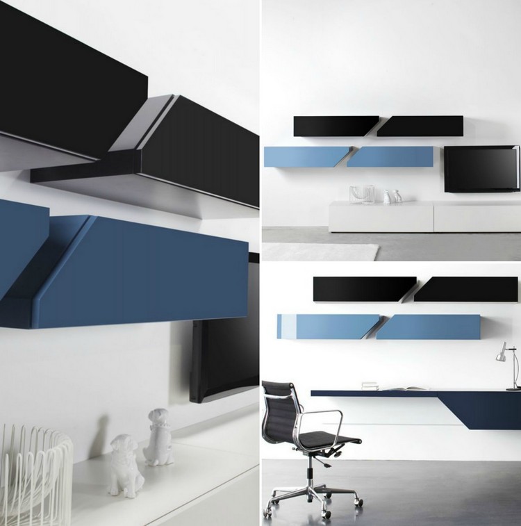 meuble de salon moderne -modules-muraux-bleu-noir-design-diagonal