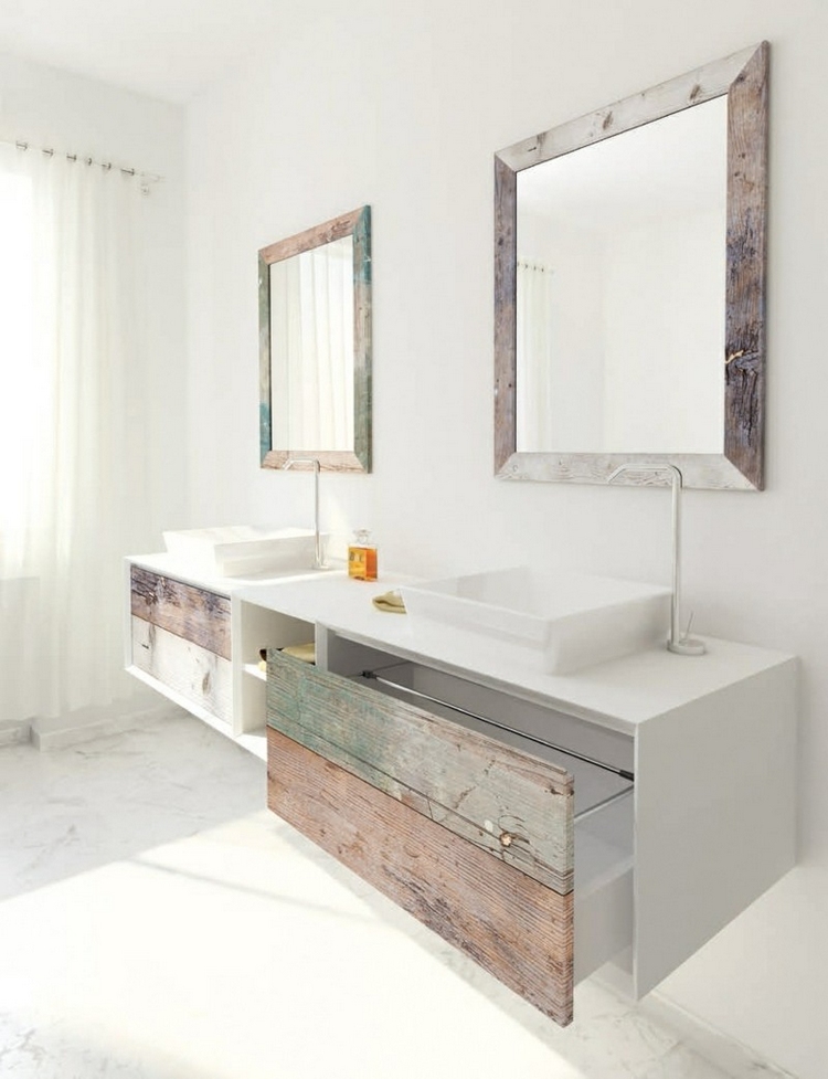 meuble double vasque salle bain bois c%C3%A9rus%C3%A9 blanc mat cadres miroirs