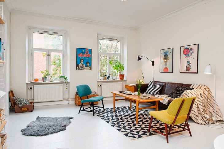 meuble-scandinave-vintage-salon-chic-tapis-noir-blanc-motifs