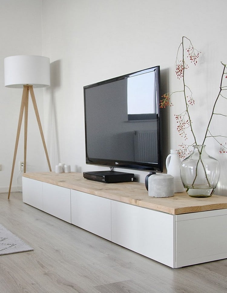 meuble tv scandinave -bas-blanc-bois-lampadaire-scandinave-bois-blanc