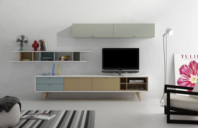 meuble tv scandinave -blanc-bois-tiroirs-facade-bleu-glacier