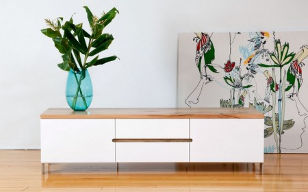 meuble tv scandinave -blanc-plateau-bois-poignees-integrees