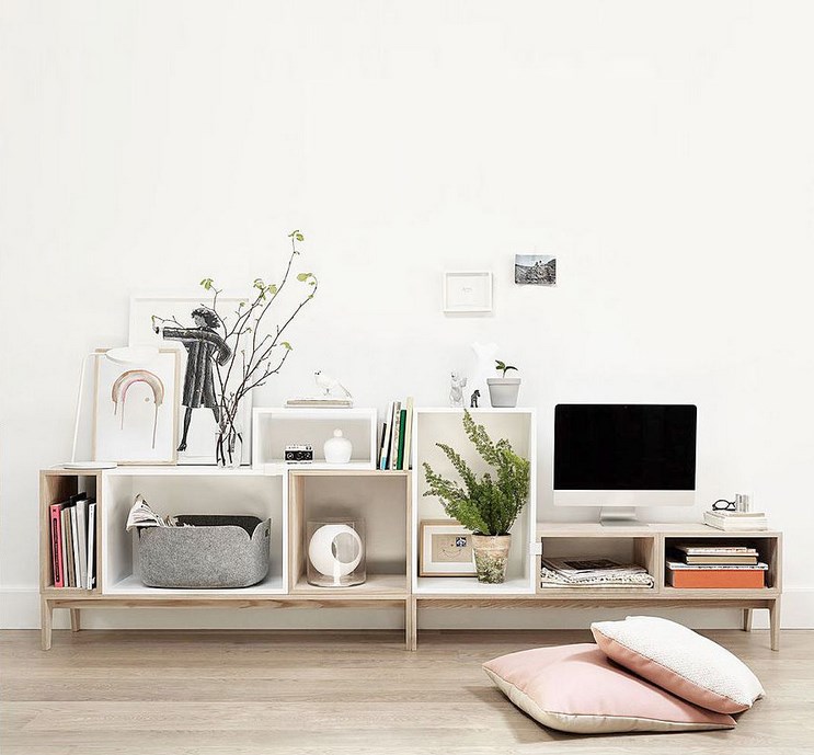 meuble tv scandinave -bois-clair-blanc-deco-tableaux