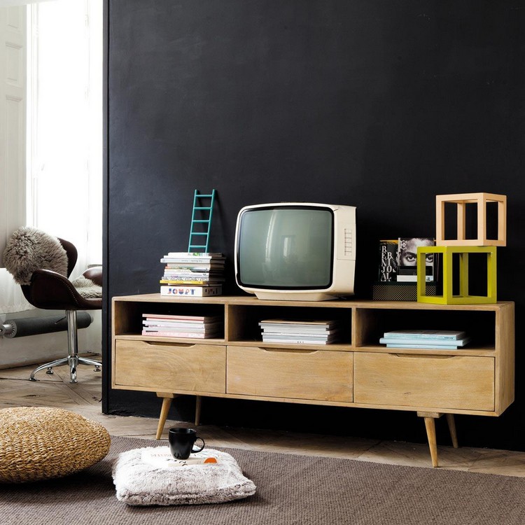 meuble tv scandinave -vintage-bois-clair-tiroirs-pietement-apparent-mur-ardoise