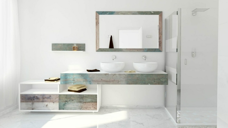 Meuble vasque salle de bain en bois patiné et blanc mat