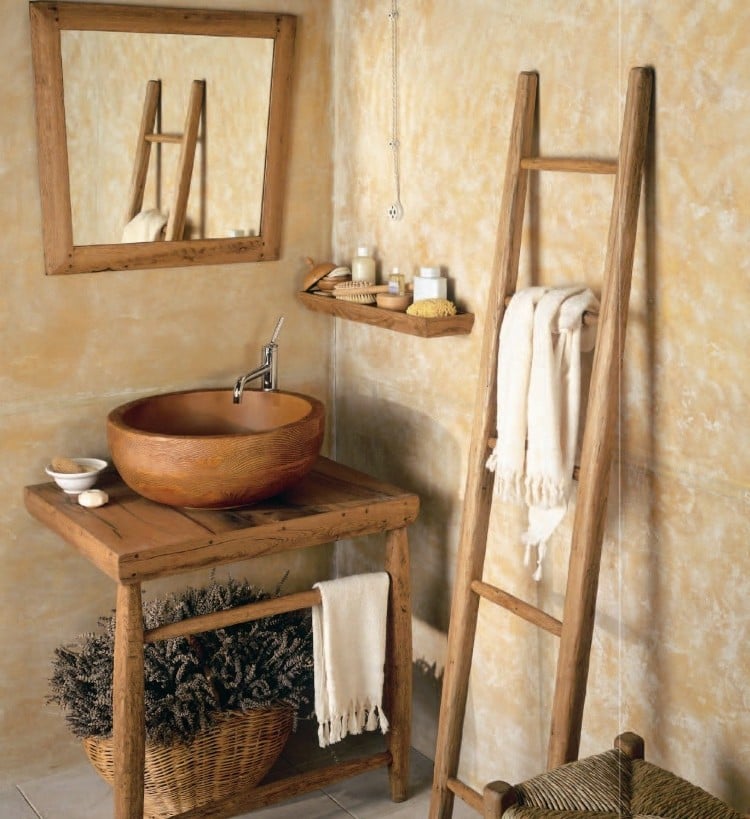meuble-vasque-salle-bain-bois-massif-miroir-assorti-porte-serviette-échelle