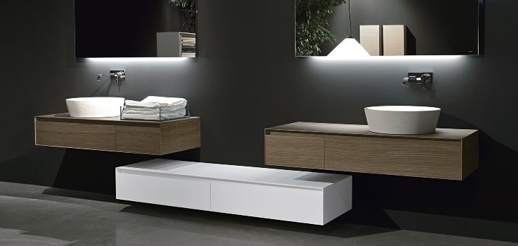 Meuble vasque salle de bain en bois patiné et blanc mat Meuble salle de bainen bois