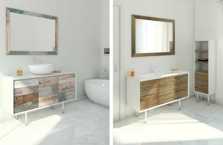meuble vasque salle de bain sur-pieds-blanc-mat-bois-recyclé-miroir-assorti