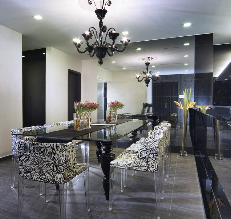 meubles-art-déco-salle-manger-chaises-noir-blanc-pieds-transparents