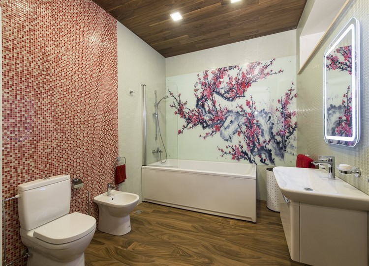 panneau décoratif mural –verre-salle-bains-cerise-japonaise-motif-floral
