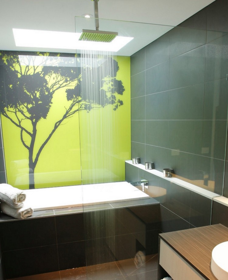 panneau décoratif mural –verre-salle-bains-motif-arbre-toile-fond-vert-neon
