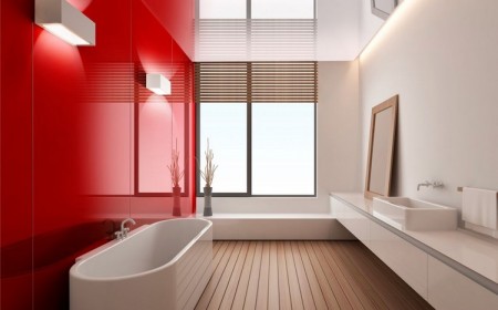 panneau décoratif mural –verre-salle-bains-rouge-brillant-revetement-sol-bois