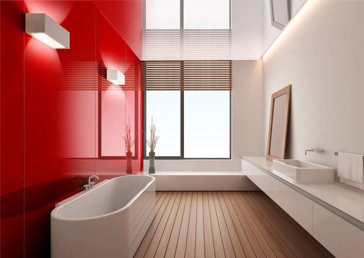panneau décoratif mural –verre-salle-bains-rouge-brillant-revetement-sol-bois