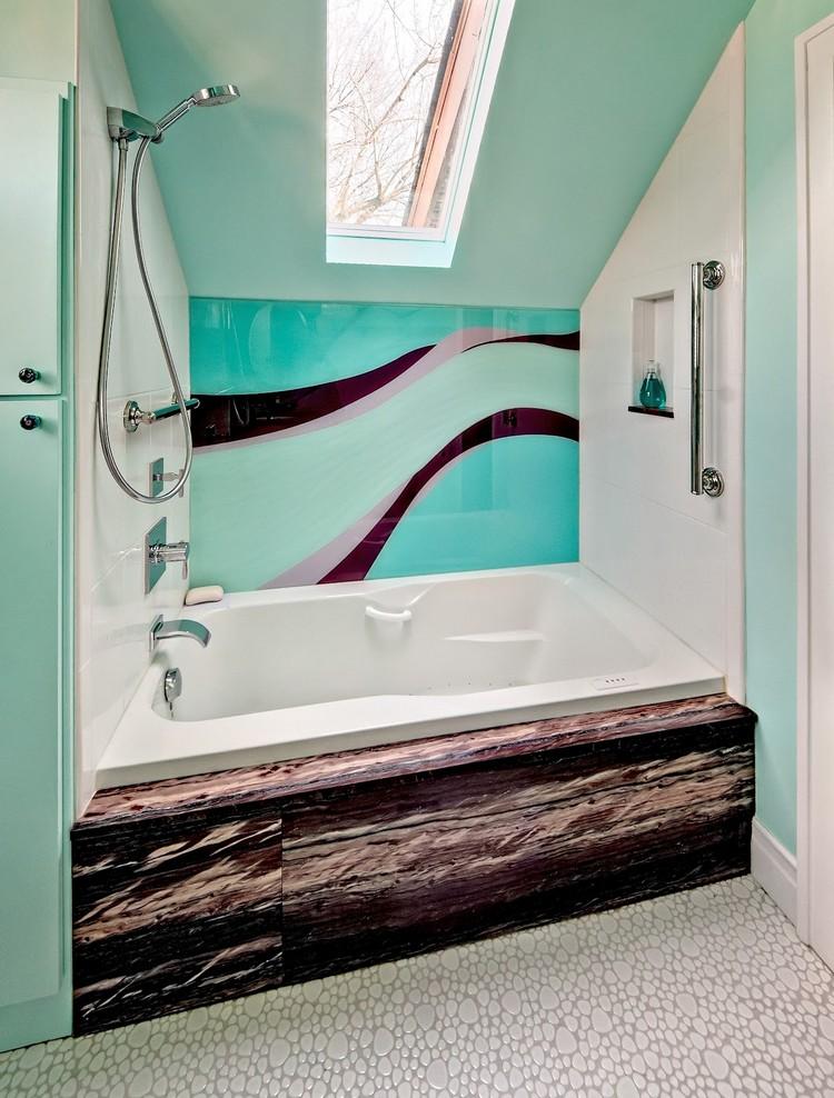 panneau décoratif mural –verre-salle-bains-vert-menthe-motif-ondule