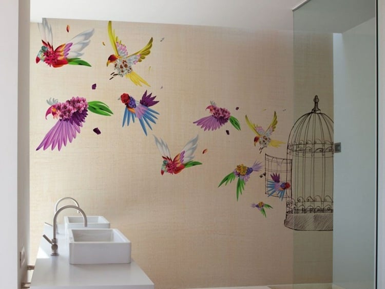 papier peint pour salle de bain -escape-motif-oiseaux-exotiques-couleurs-vives