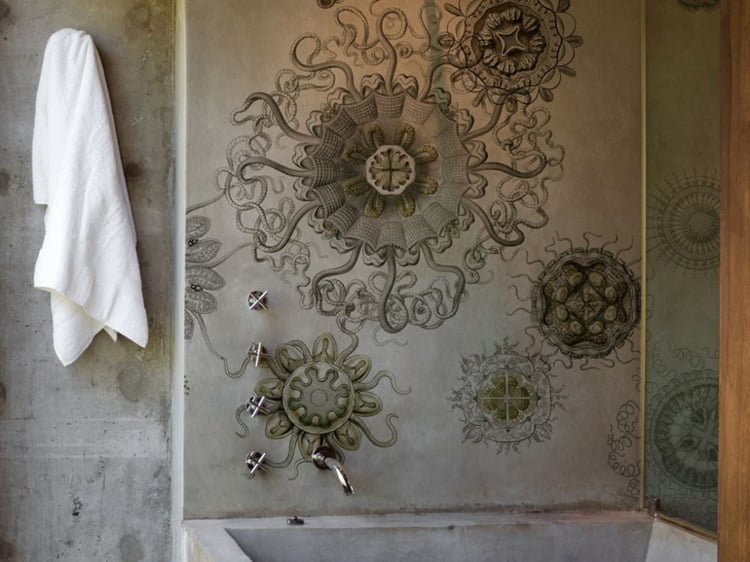 papier peint pour salle de bain -medusae-motif-rosaces-serpents-gris