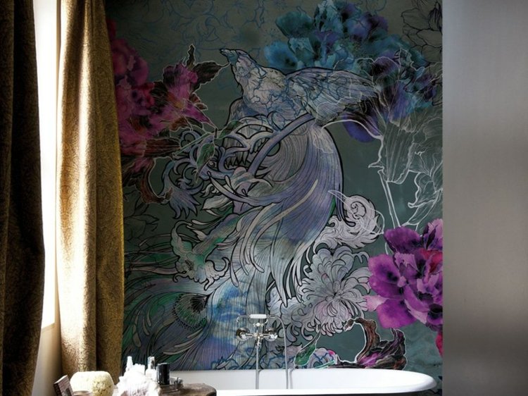 papier peint pour salle de bain -mystical-dream-oiseau-exotique-fleurs-pourpres