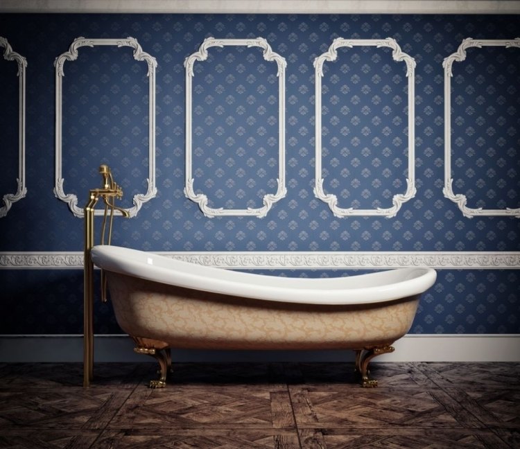 papier-peint-vintage-bleu-motifs-floraux-moulures-décoratives-baignoire-pied