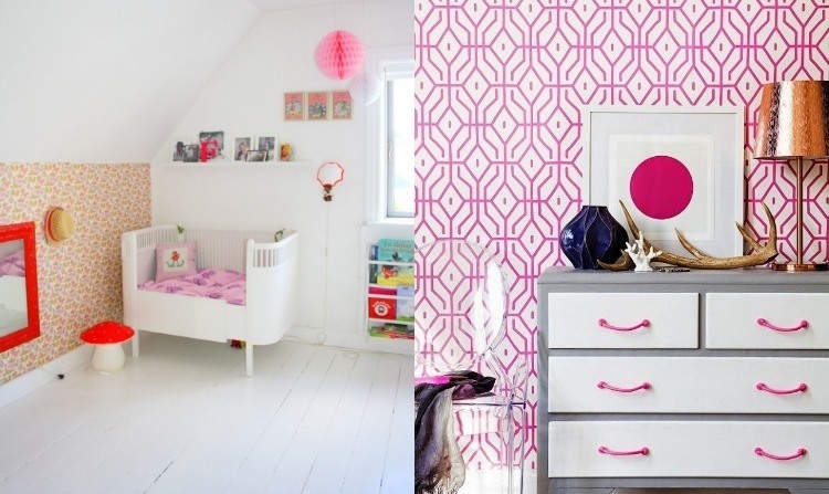 papier-peint-vintage-motifs-orange-rose-idées-chambre-bébé-chambre-adulte