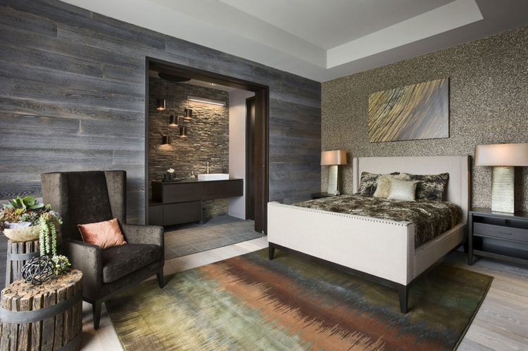 parement intérieur bois pierre chambre et salle de bains chalet de luxe