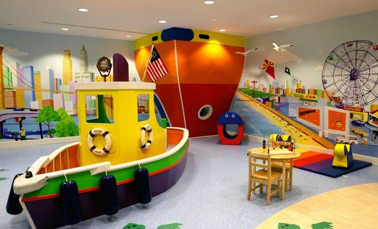 salle de jeux enfant bateau-jeux-lit-sureleve-papier-peint-paysage-urbain