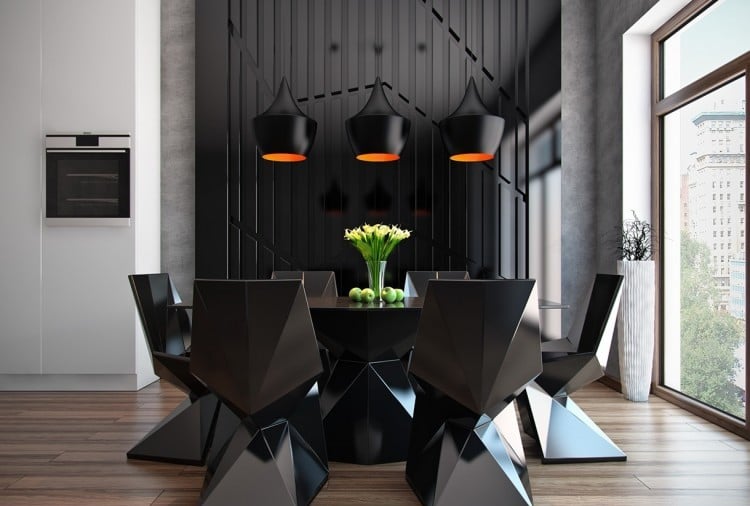 salle à manger contemporaine -chaises-design-futuriste-noires-suspensions-noir-orange