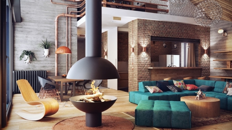 salon-style industriel-design-cheminée-centrale-sphérique-mobilier-design
