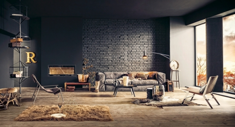 salon style industriel design-parement-brique-noire-plancher-tapis