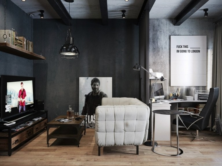 salon-style-industriel-masculin-gamer-fond-gris-canapé-matelassé