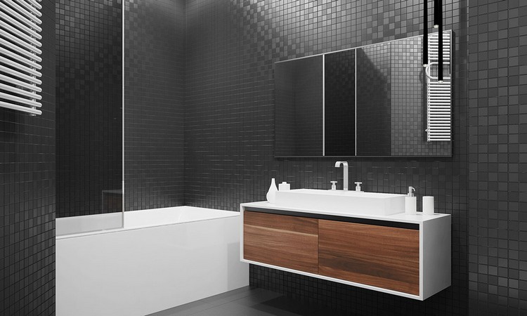 solution rangement -salle-bains-meuble-bois-blanc-mosaique-noire