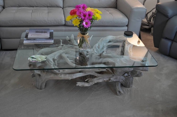 table basse bois flotté -rectangulaire-déco-florale