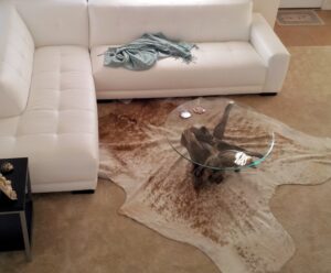 table-basse-bois-flotté-verre-tapis-peau-bête-canapé-angle-blanc